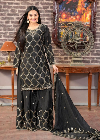 Designer Embroidered Chinon Black Sharara Suit With Sequence Embroidered Work Ready Made Designer Suits Shopin Di Apparels 