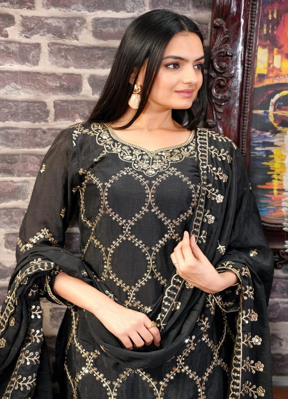 Designer Embroidered Chinon Black Sharara Suit With Sequence Embroidered Work Ready Made Designer Suits Shopin Di Apparels 