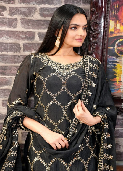 Designer Embroidered Chinon Black Sharara Suit With Sequence Embroidered Work Ready Made Designer Suits Shopin Di Apparels 