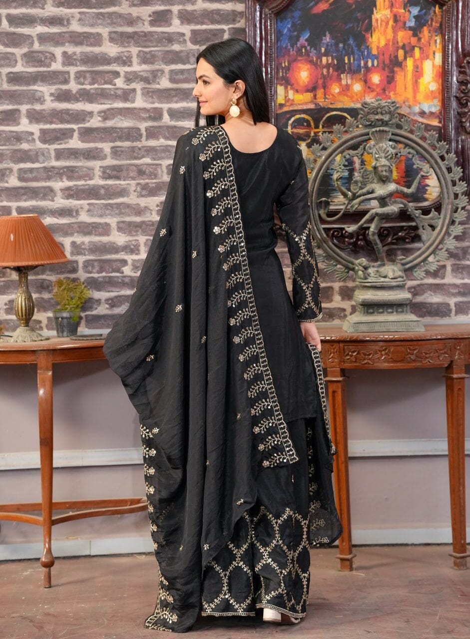 Designer Embroidered Chinon Black Sharara Suit With Sequence Embroidered Work Ready Made Designer Suits Shopin Di Apparels 