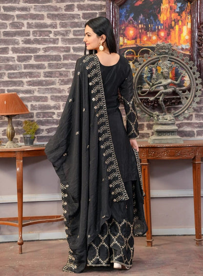 Designer Embroidered Chinon Black Sharara Suit With Sequence Embroidered Work Ready Made Designer Suits Shopin Di Apparels 