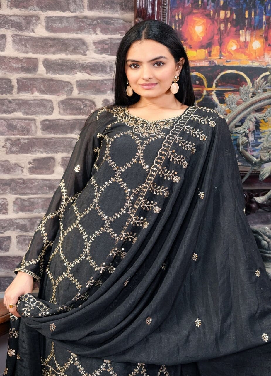 Designer Embroidered Chinon Black Sharara Suit With Sequence Embroidered Work Ready Made Designer Suits Shopin Di Apparels 