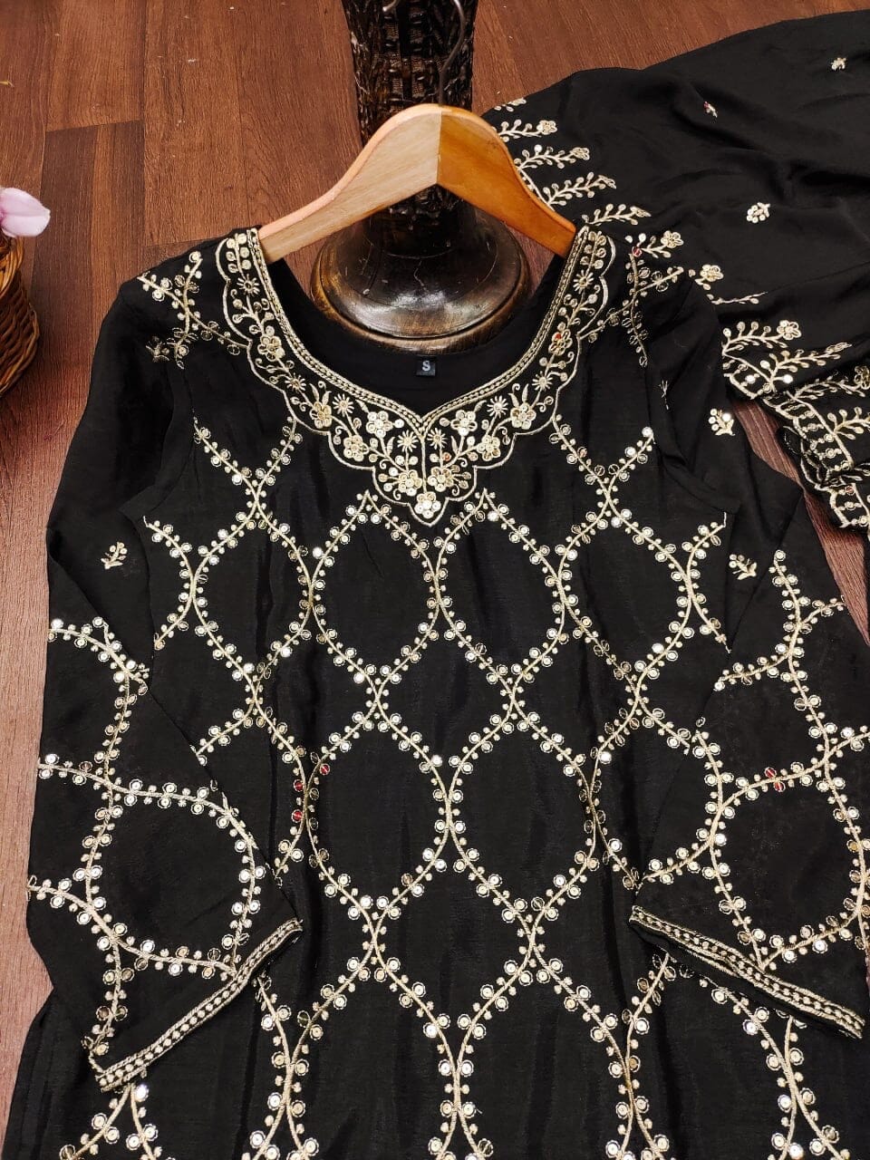 Designer Embroidered Chinon Black Sharara Suit With Sequence Embroidered Work Ready Made Designer Suits Shopin Di Apparels 