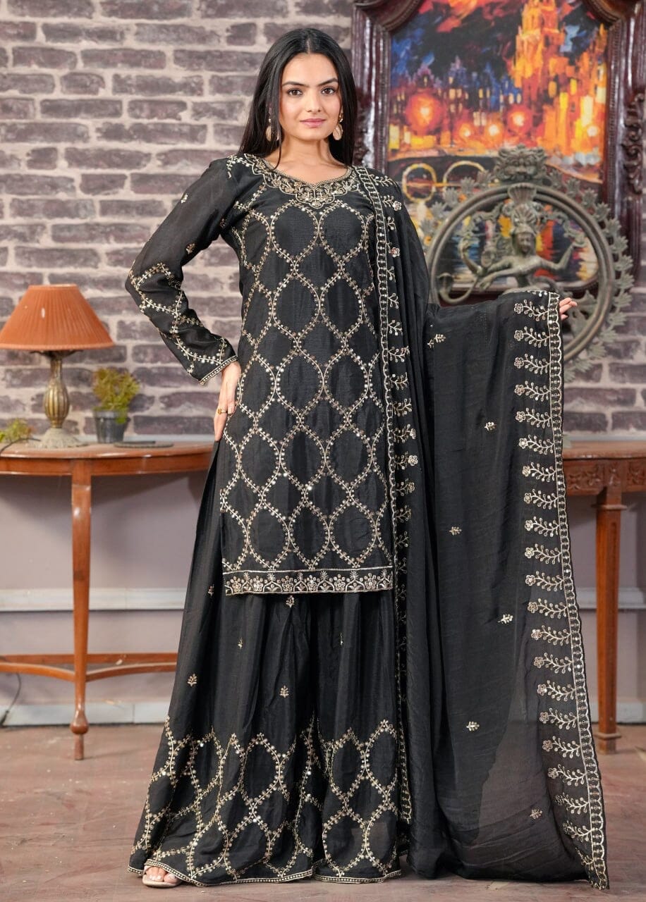 Designer Embroidered Chinon Black Sharara Suit With Sequence Embroidered Work Ready Made Designer Suits Shopin Di Apparels 