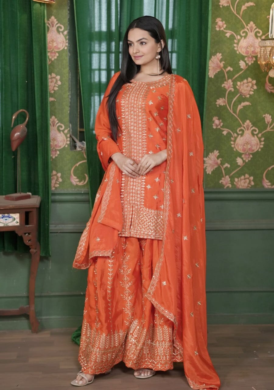Designer Embroidered Chinon Orange Sharara Suit With Sequence Embroidered Work Ready Made Designer Suits Shopin Di Apparels 