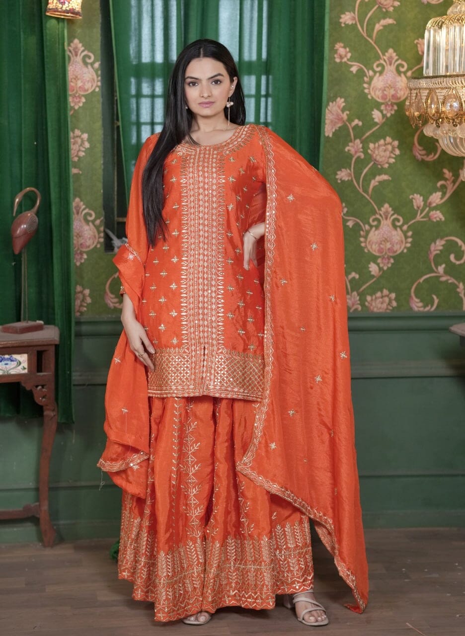 Designer Embroidered Chinon Orange Sharara Suit With Sequence Embroidered Work Ready Made Designer Suits Shopin Di Apparels 
