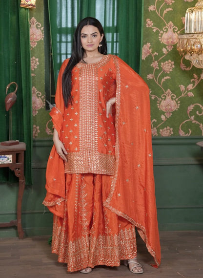 Designer Embroidered Chinon Orange Sharara Suit With Sequence Embroidered Work Ready Made Designer Suits Shopin Di Apparels 