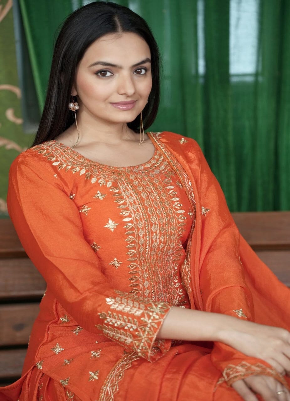 Designer Embroidered Chinon Orange Sharara Suit With Sequence Embroidered Work Ready Made Designer Suits Shopin Di Apparels 