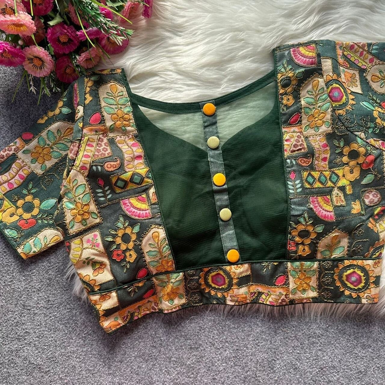Designer Readymade Blouse with Malai Silk and Embroidery work Readymade Blouse Shopin Di Apparels Dark Green 