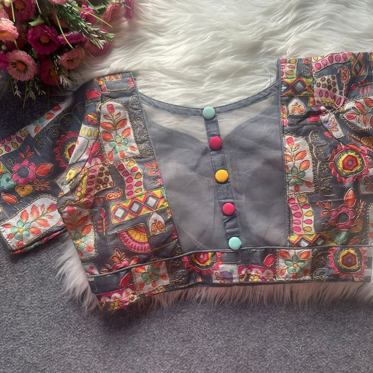 Designer Readymade Blouse with Malai Silk and Embroidery work Readymade Blouse Shopin Di Apparels Grey 