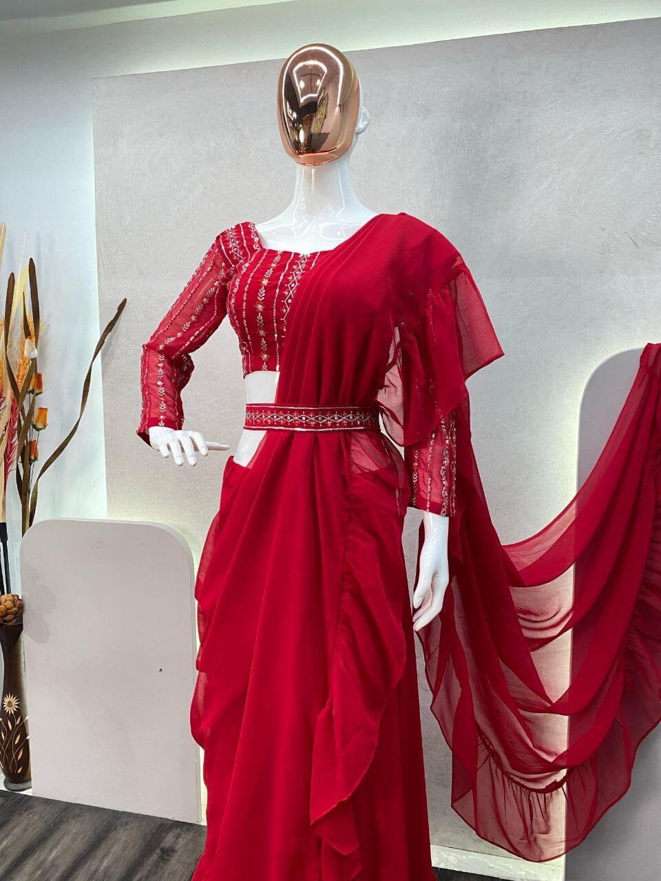 Fancy Party Wear Red Sequence Work Lehenga Saree with Readymade Blouse and Belt Ready to Wear Saree Shopin Di Apparels 