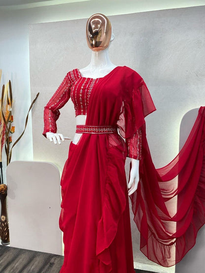 Fancy Party Wear Red Sequence Work Lehenga Saree with Readymade Blouse and Belt Ready to Wear Saree Shopin Di Apparels 
