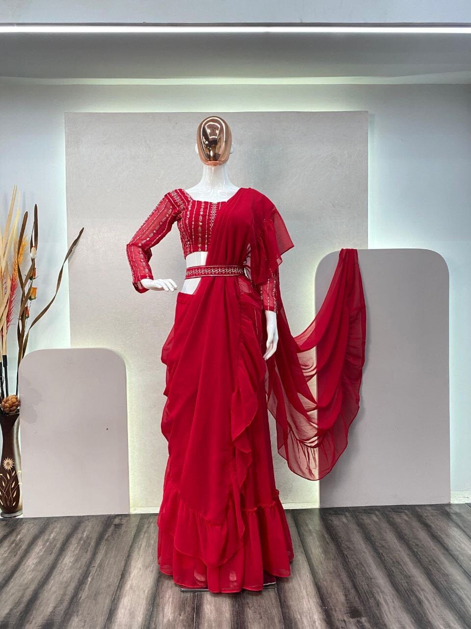 Fancy Party Wear Red Sequence Work Lehenga Saree with Readymade Blouse and Belt Ready to Wear Saree Shopin Di Apparels 