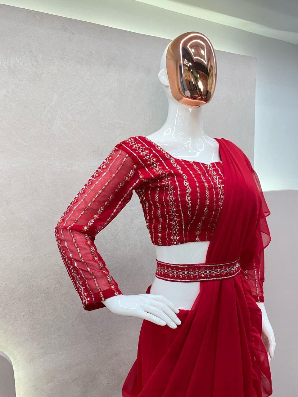 Fancy Party Wear Red Sequence Work Lehenga Saree with Readymade Blouse and Belt Ready to Wear Saree Shopin Di Apparels 