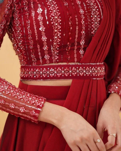 Fancy Party Wear Red Sequence Work Lehenga Saree with Readymade Blouse and Belt Ready to Wear Saree Shopin Di Apparels 