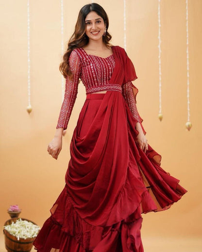 Fancy Party Wear Red Sequence Work Lehenga Saree with Readymade Blouse and Belt Ready to Wear Saree Shopin Di Apparels 
