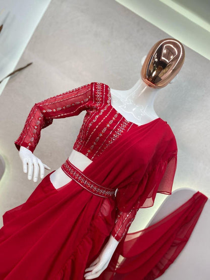 Fancy Party Wear Red Sequence Work Lehenga Saree with Readymade Blouse and Belt Ready to Wear Saree Shopin Di Apparels 