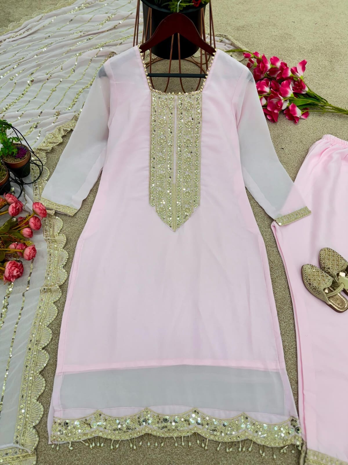 Faux Georgette Heavy Sequence Pink Designer Readymade Suit Ready Made Designer Suits Shopin Di Apparels 