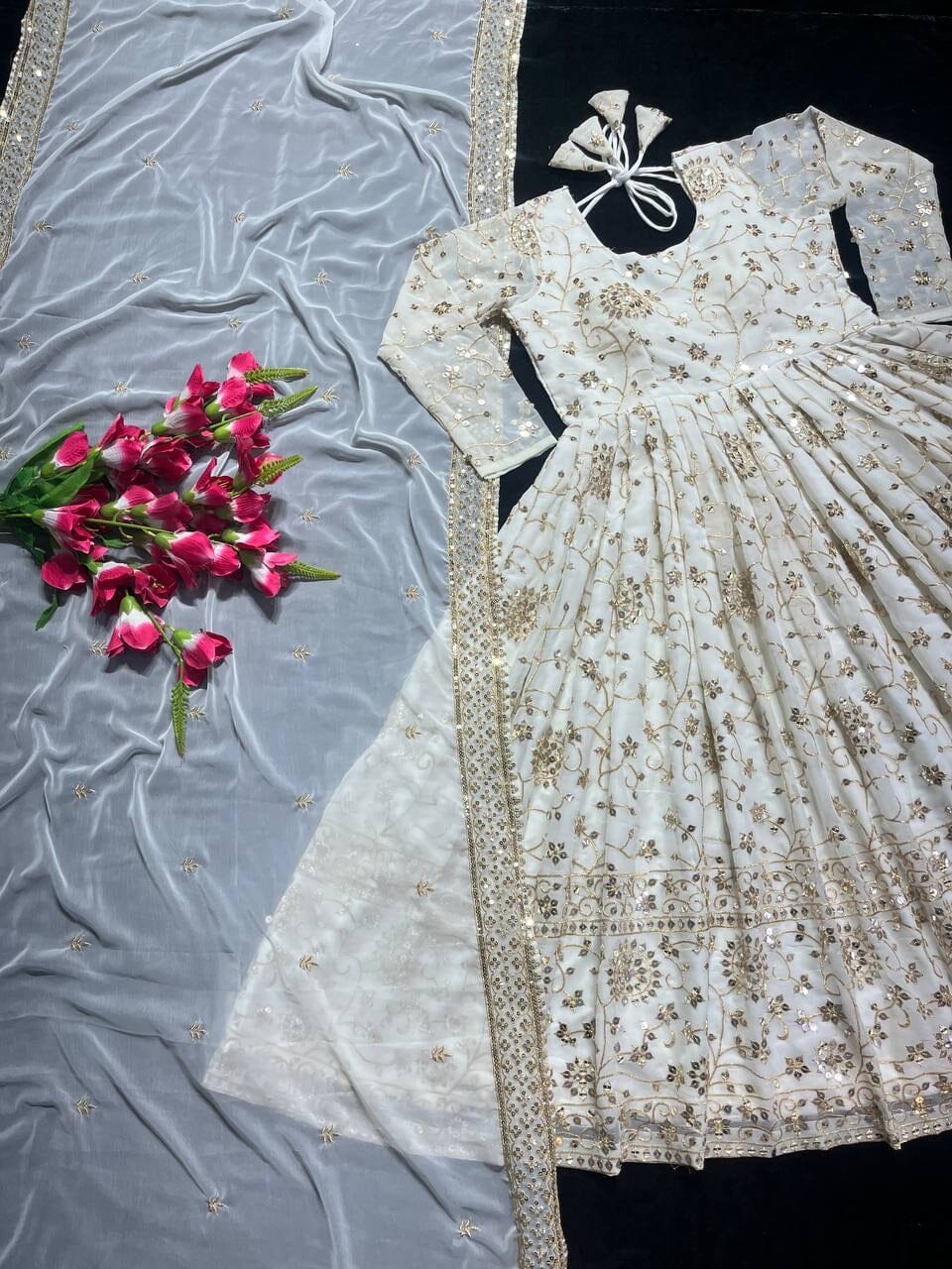 Fox Georgette Heavy Sequence White Anarkali Gown Designer Readymade Suit Ready Made Designer Suits Shopin Di Apparels 