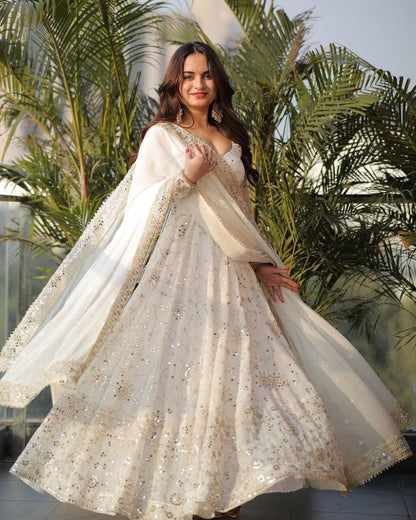 Fox Georgette Heavy Sequence White Anarkali Gown Designer Readymade Suit Ready Made Designer Suits Shopin Di Apparels 