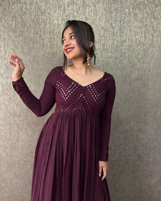 Fox Georgette Mirror Work Embroidered Gown in 4 Colors Designer Gown Shopin Di Apparels