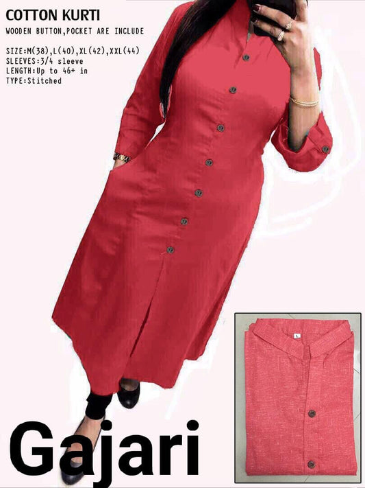 Gajar Plain Collar Cotton Kurti with Button and Pockets Kurti Shopin Di Apparels