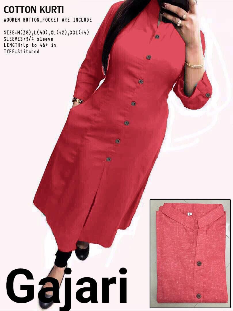 Gajar Plain Collar Cotton Kurti with Button and Pockets Kurti Shopin Di Apparels 
