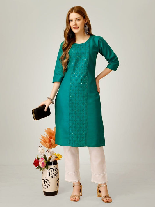 Green Cotton Blend Sequence Embroidered Work Kurti with Pant Kurti with Pant Shopin Di Apparels 
