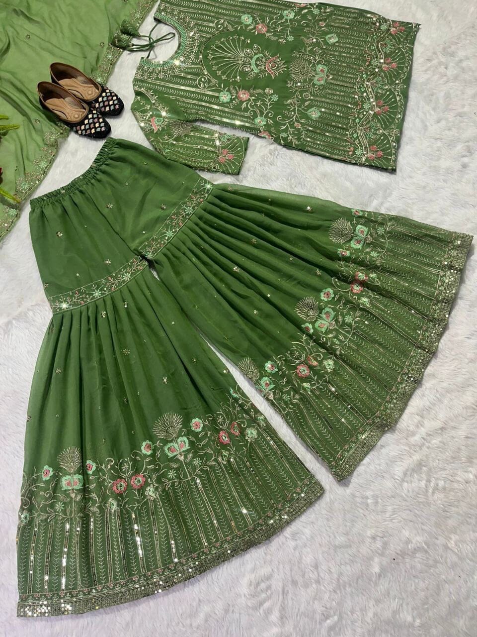 Green Fox Georgette Fancy Wear Designer Sharara Suit Ready Made Designer Suits shopindi.sg 