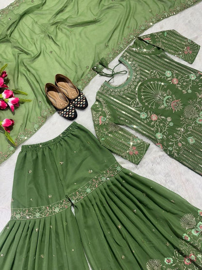 Green Fox Georgette Fancy Wear Designer Sharara Suit Ready Made Designer Suits shopindi.sg 