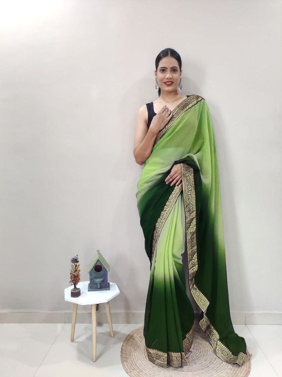 Green Georgette Multicolor Ready to Wear Saree and Banglori Blouse Ready to Wear Saree Shopin Di Apparels 
