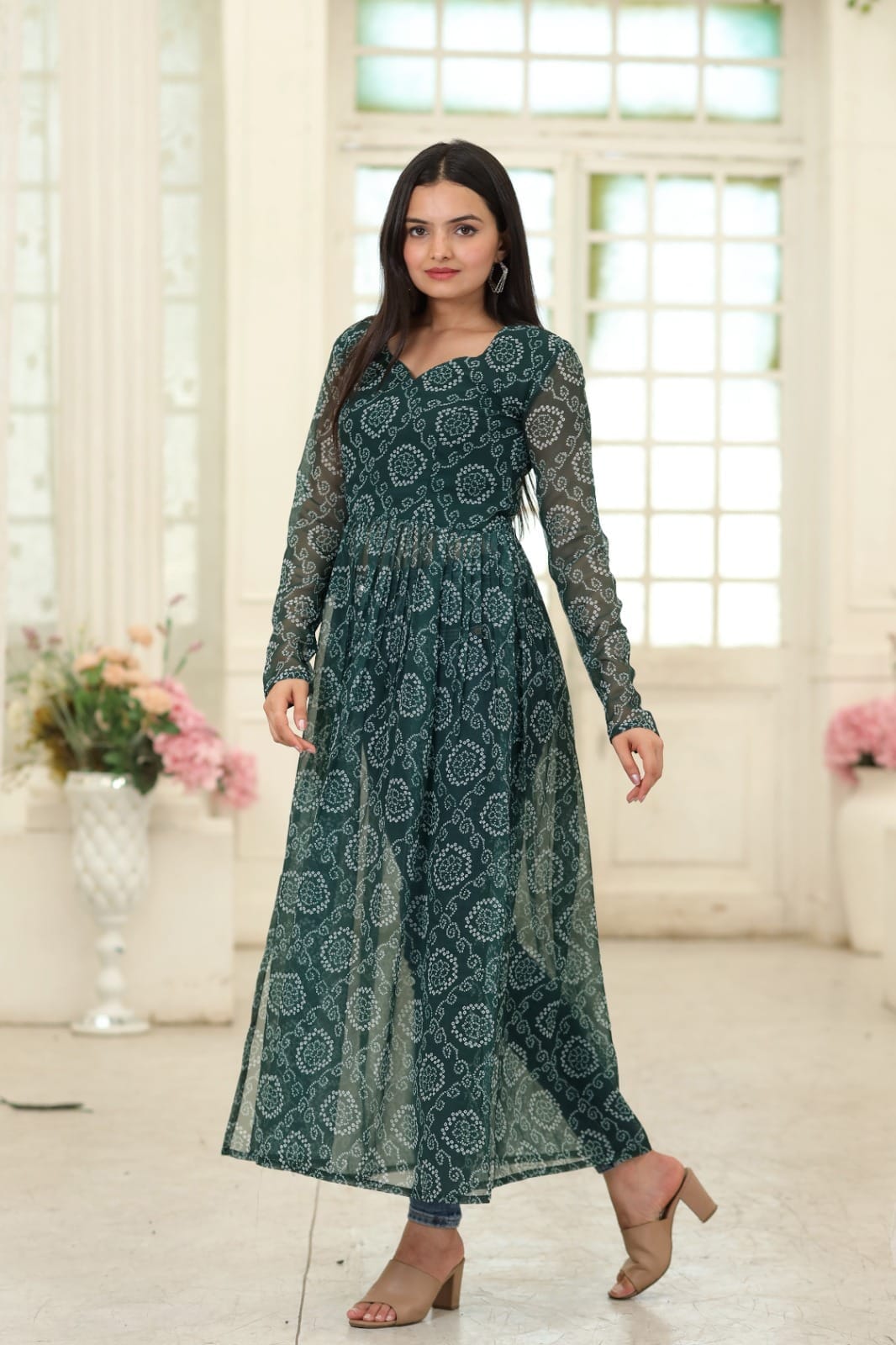 Green Nayra Cut Long Georgette Bandhej Digital Print Kurti Kurti Shopin Di Apparels 