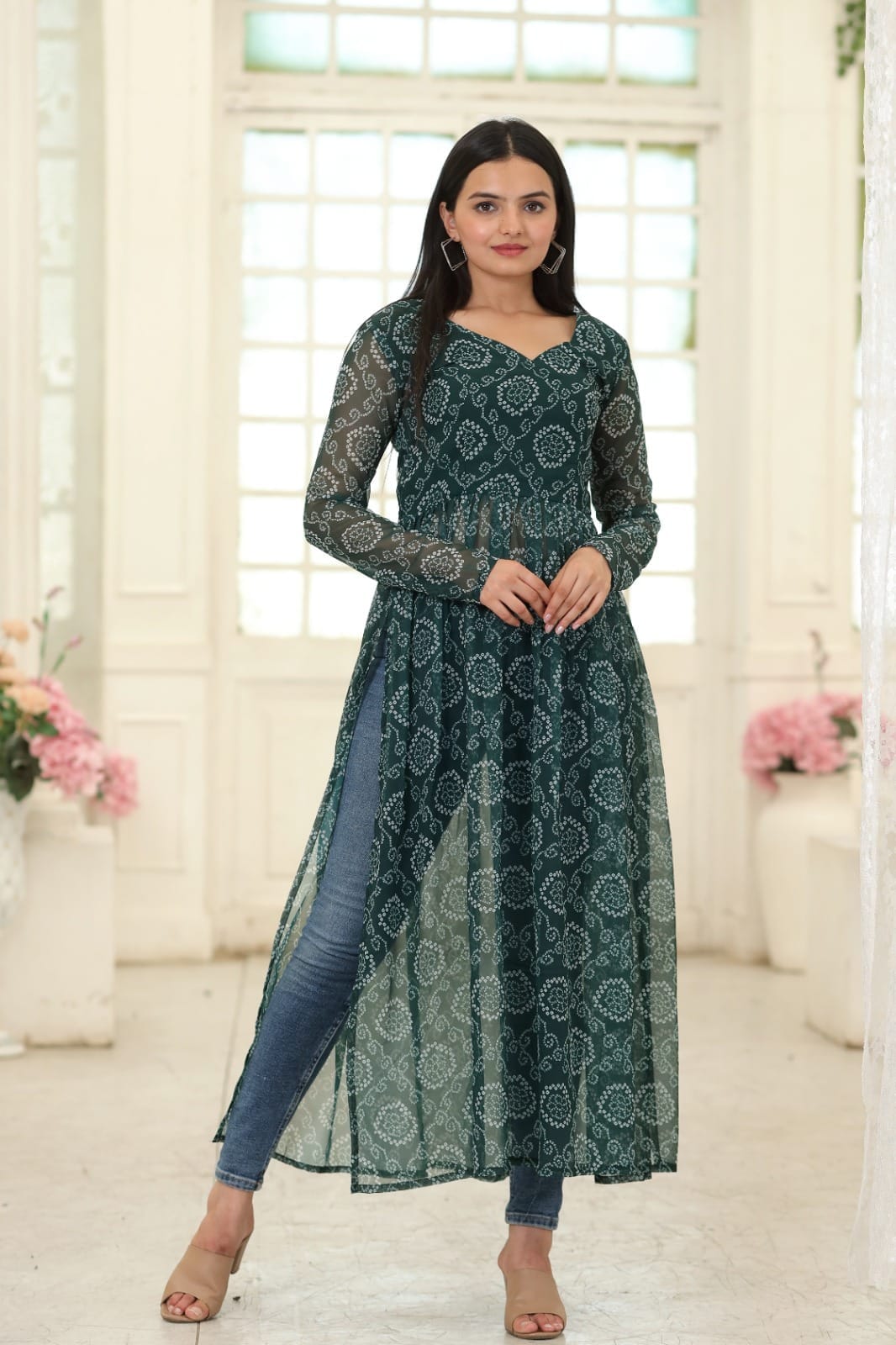 Green Nayra Cut Long Georgette Bandhej Digital Print Kurti Kurti Shopin Di Apparels 