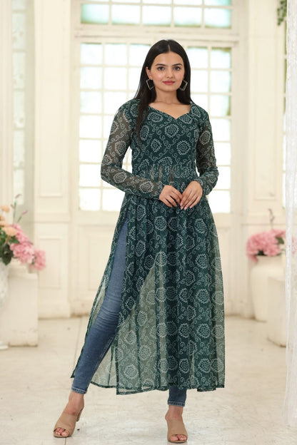 Green Nayra Cut Long Georgette Bandhej Digital Print Kurti Kurti Shopin Di Apparels 