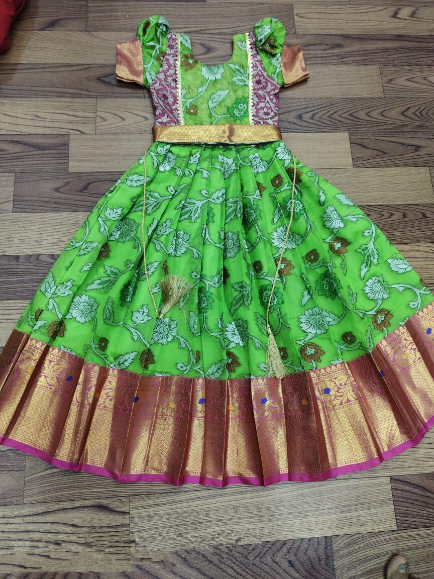 Green Nylon Silk Embroidered Kid’s Gown Festival Wear Kid's Gown Shopindiapparels.com 