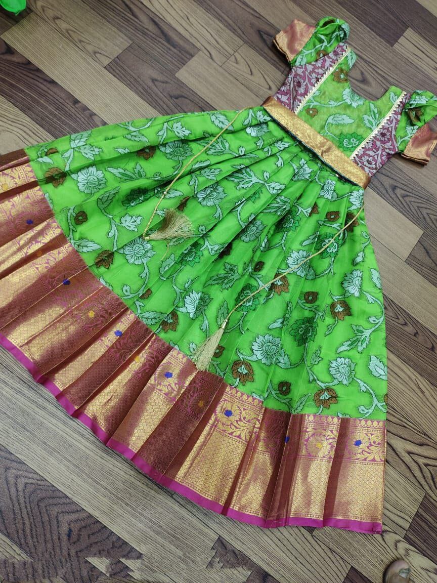 Green Nylon Silk Embroidered Kid’s Gown Festival Wear Kid's Gown Shopindiapparels.com 