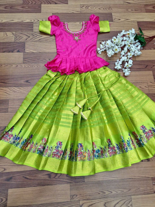Green Pink Kota Doriya Silk Kid's Lehenga Festival Wear Pavadai Sattai Kid's Lehenga Shopindiapparels.com 