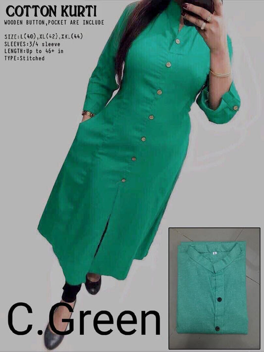 Green Plain Collar Cotton Kurti with Button and Pockets Kurti Shopin Di Apparels