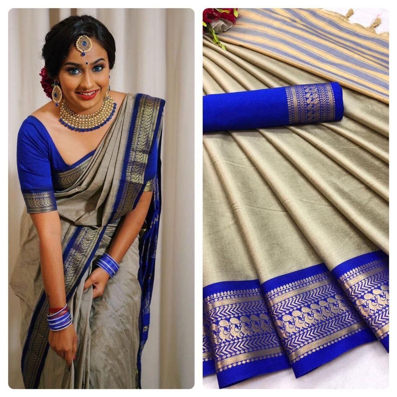Grey Blue Aura Silk Saree with matching blouse Silk Cotton Saree Shopin Di Apparels 