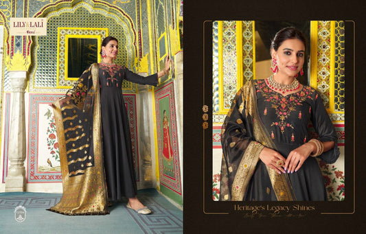 Grey Designer Bemberg Silk Gown With Jacquard Dupatta Gown with Dupatta Lily and Lali 