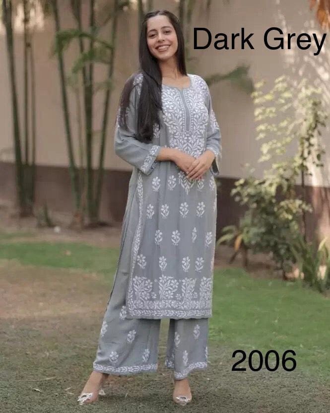 Grey Heavy Rayon Chikankari Embroidered Kurti and Plazzo Set Kurti with Plazzo Shopin Di Apparels 