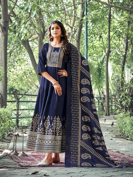 Heavy Rayon Foil Printed Long Gown Kurti with Dupatta Gown with Dupatta Shopin Di Apparels