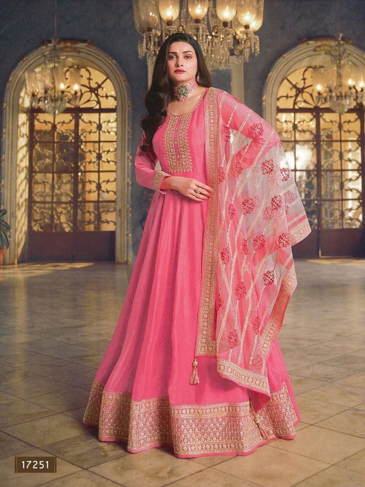 Hit Hot Pink Dola Silk Long Designer Anarkali Suit with Blue Net Dupatta Designer Suits Shopindiapparels.com 