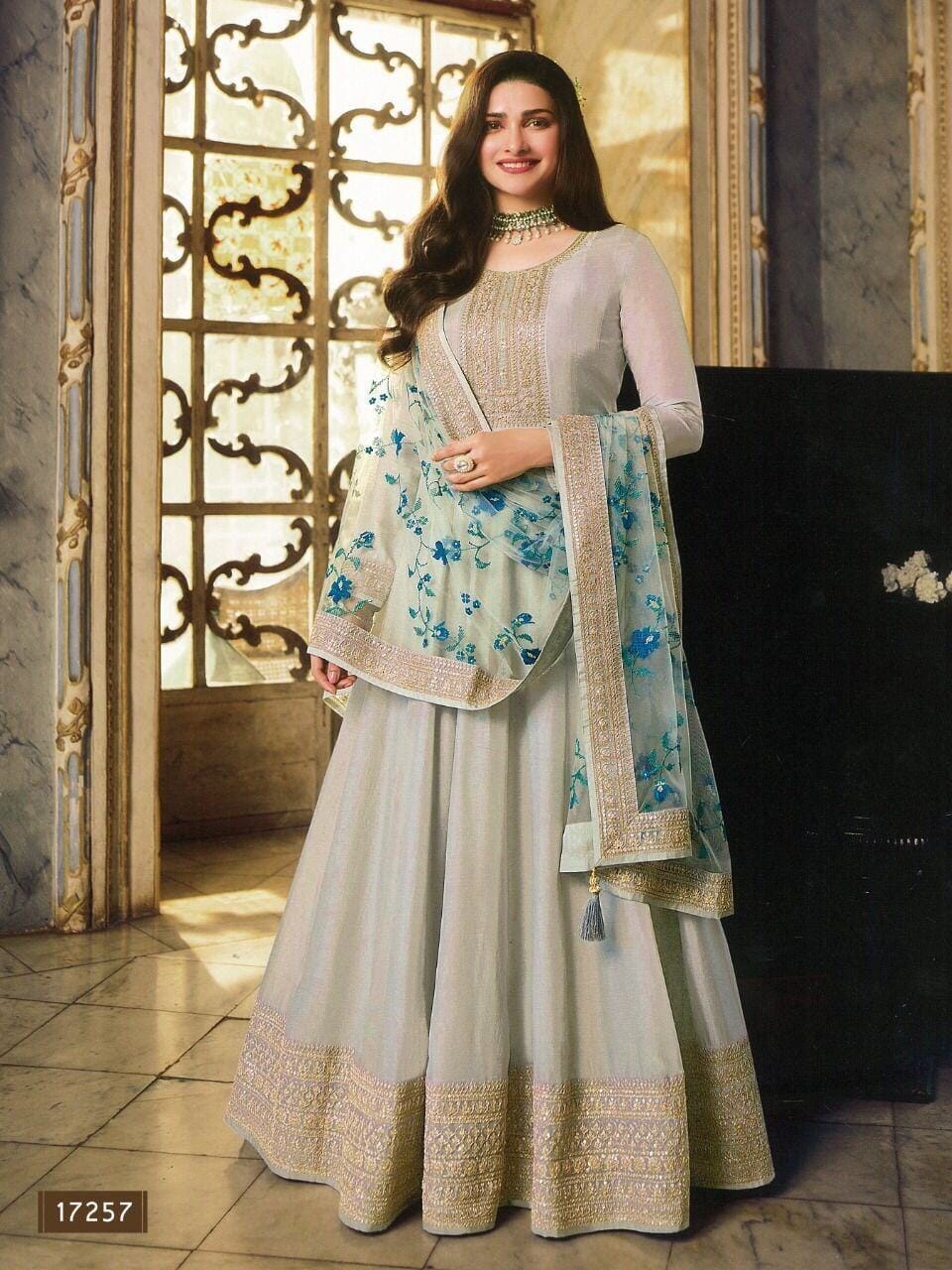 Hit Silver Dola Silk Long Designer Anarkali Suit with Blue Net Dupatta Designer Suits Shopindiapparels.com 