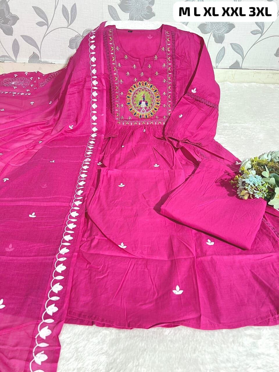 Hot Pink Anarkali Cotton Kurti with Dupatta and Pant Kurti with Dupatta and Bottom Shopin Di Apparels 