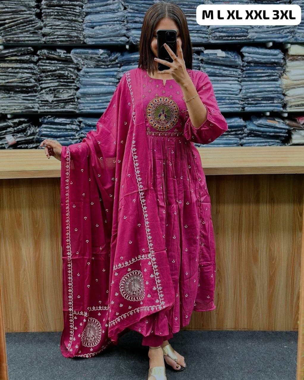 Hot Pink Anarkali Cotton Kurti with Dupatta and Pant Kurti with Dupatta and Bottom Shopin Di Apparels 