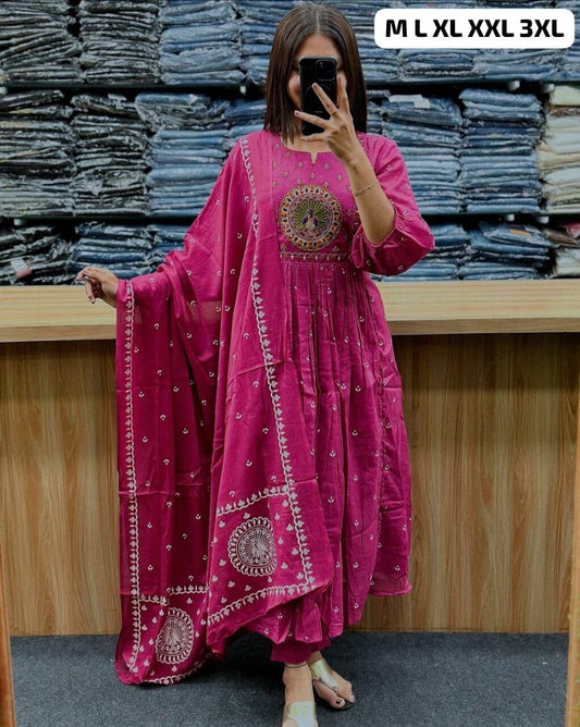 Hot Pink Anarkali Cotton Kurti with Dupatta and Pant Kurti with Dupatta and Bottom Shopin Di Apparels 