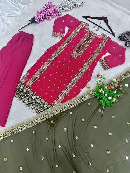 Hot Pink Designer Party Wear Look New Top-Plazzo and Dupatta With Heavy Embroidery Sequence Ready Made Designer Suits Shopin Di Apparels 