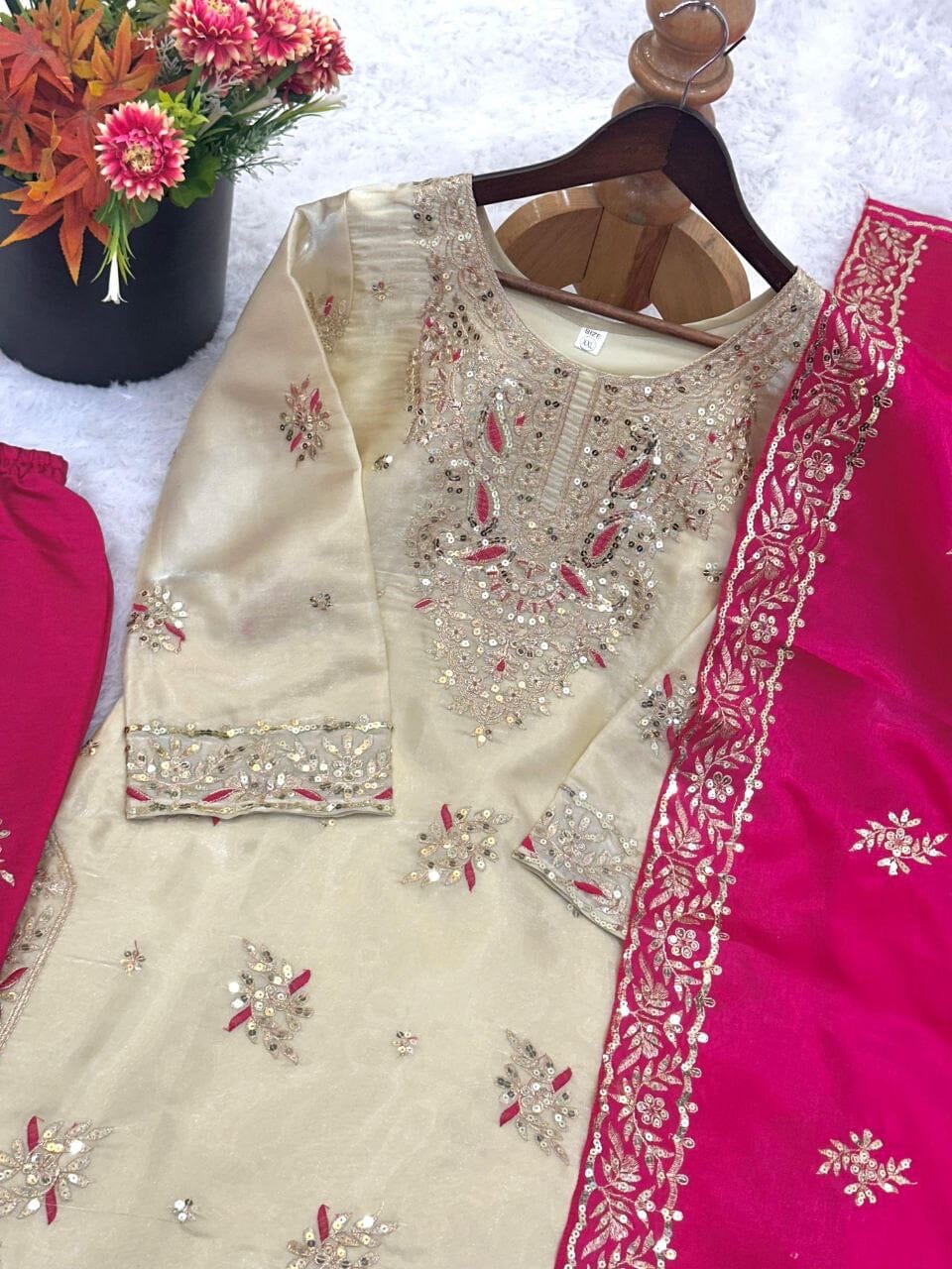 Hot Pink GMY SILK With Heavy Embroidery Sequence Designer Plazzo Suit Ready to Wear Designer Suits Shopin Di Apparels 