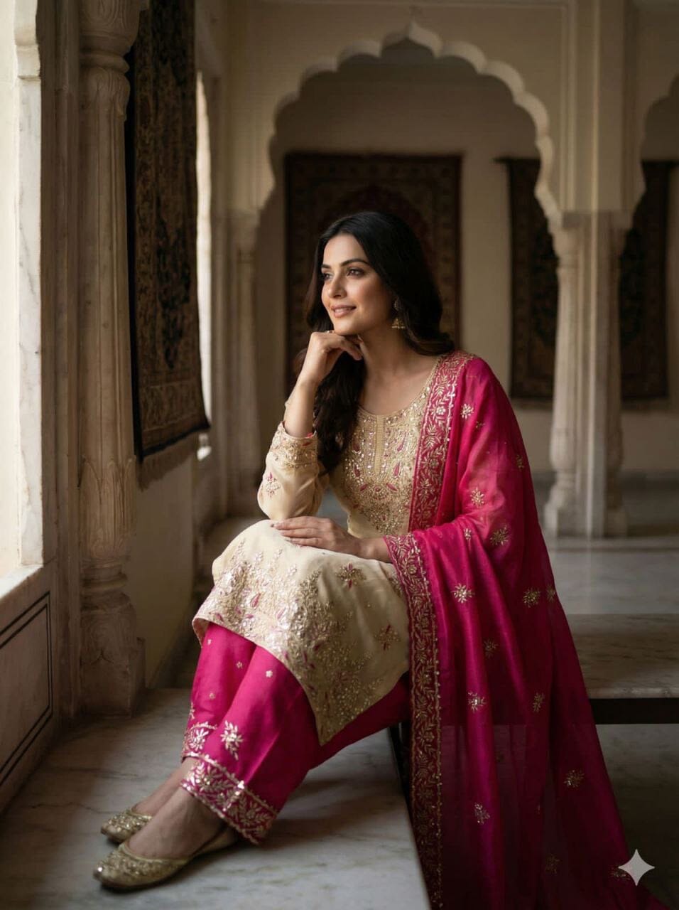 Hot Pink GMY SILK With Heavy Embroidery Sequence Designer Plazzo Suit Ready to Wear Designer Suits Shopin Di Apparels 